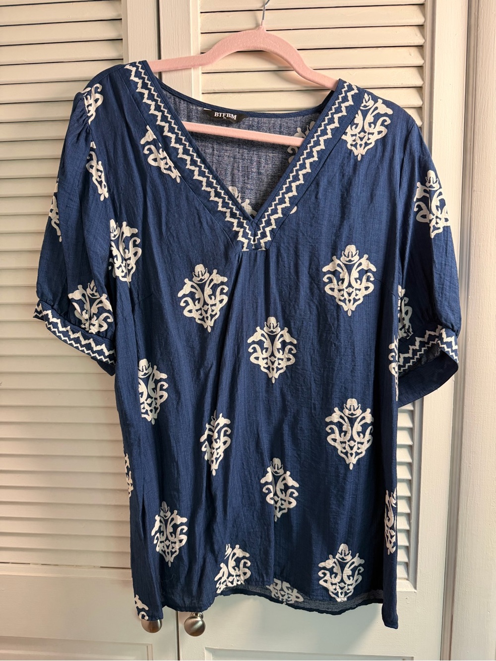 Navy V-Neck Embroidered Tunic Top